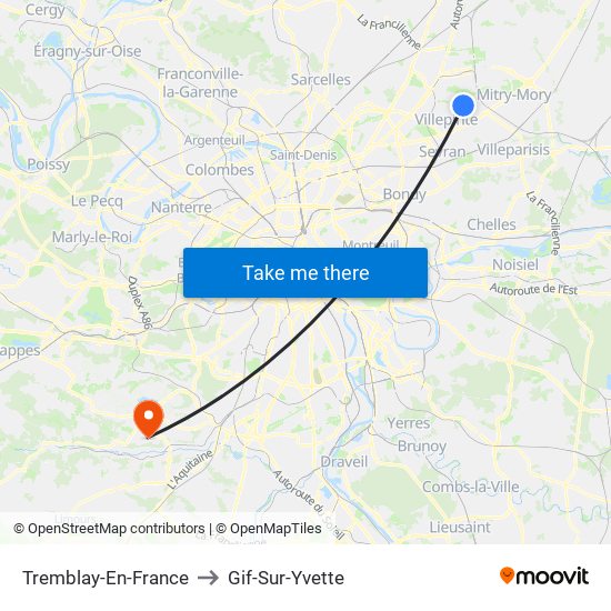 Tremblay-En-France to Gif-Sur-Yvette map