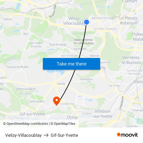 Velizy-Villacoublay to Gif-Sur-Yvette map