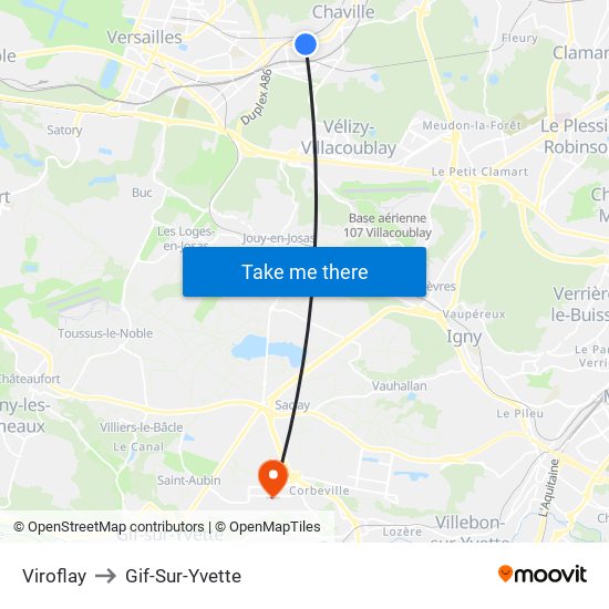 Viroflay to Gif-Sur-Yvette map