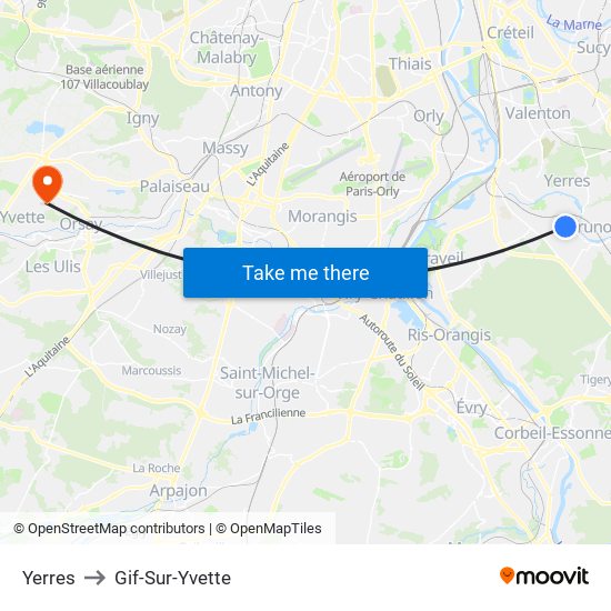 Yerres to Gif-Sur-Yvette map