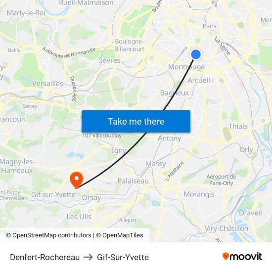 Denfert-Rochereau to Gif-Sur-Yvette map