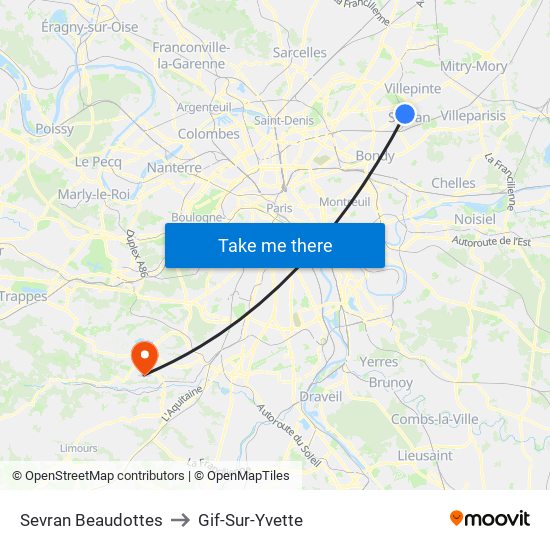 Sevran Beaudottes to Gif-Sur-Yvette map