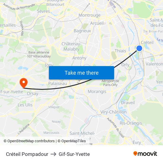 Créteil Pompadour to Gif-Sur-Yvette map