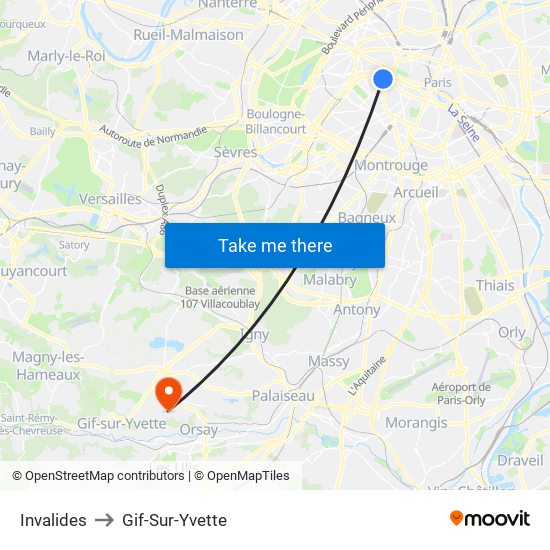 Invalides to Gif-Sur-Yvette map