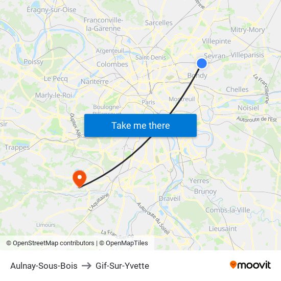 Aulnay-Sous-Bois to Gif-Sur-Yvette map