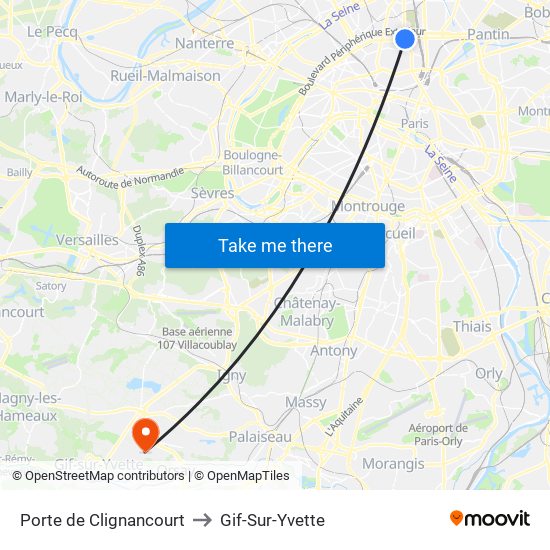 Porte de Clignancourt to Gif-Sur-Yvette map