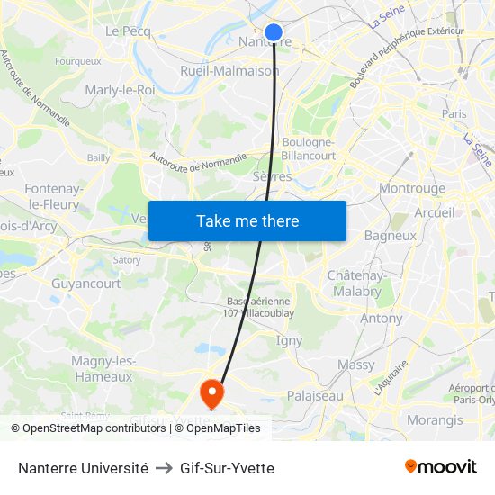 Nanterre Université to Gif-Sur-Yvette map