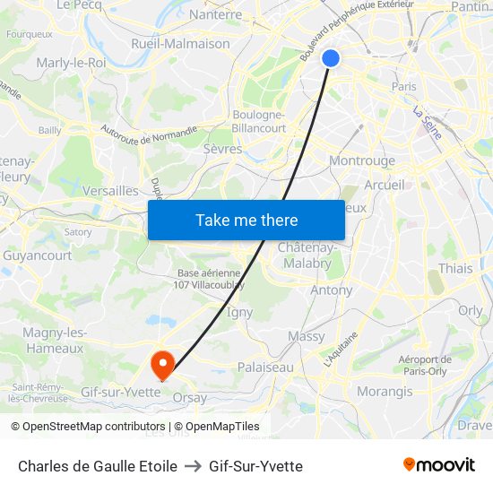 Charles de Gaulle Etoile to Gif-Sur-Yvette map