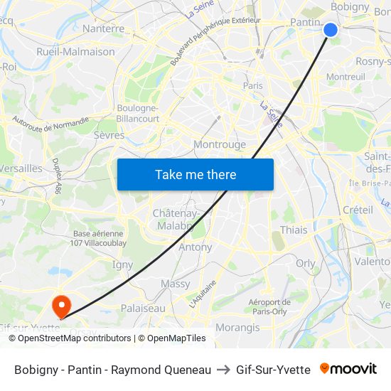 Bobigny - Pantin - Raymond Queneau to Gif-Sur-Yvette map