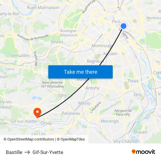 Bastille to Gif-Sur-Yvette map