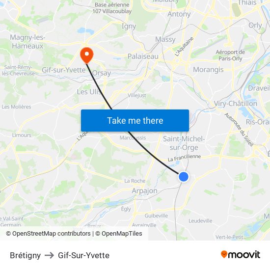 Brétigny to Gif-Sur-Yvette map
