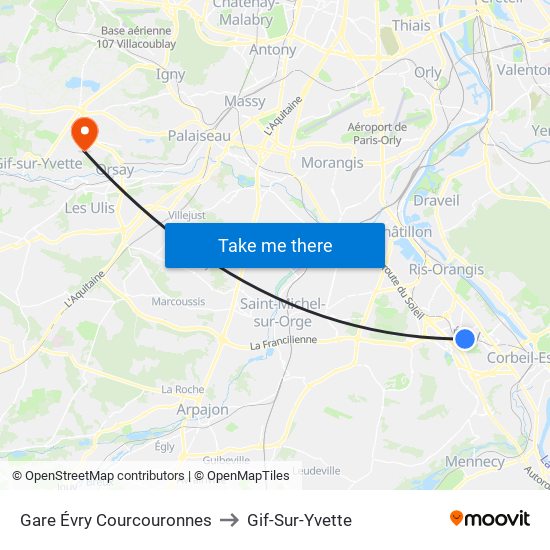Gare Évry Courcouronnes to Gif-Sur-Yvette map