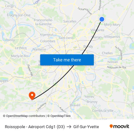 Roissypole - Aéroport Cdg1 (D3) to Gif-Sur-Yvette map