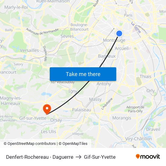 Denfert-Rochereau - Daguerre to Gif-Sur-Yvette map