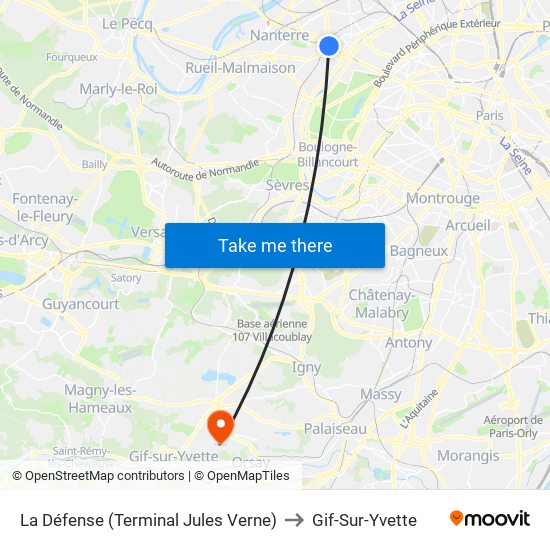 La Défense (Terminal Jules Verne) to Gif-Sur-Yvette map