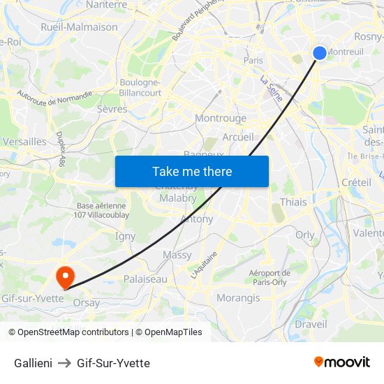 Gallieni to Gif-Sur-Yvette map