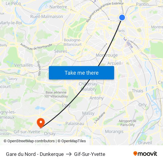 Gare du Nord - Dunkerque to Gif-Sur-Yvette map