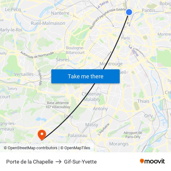 Porte de la Chapelle to Gif-Sur-Yvette map