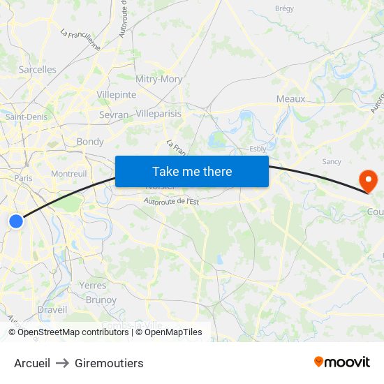 Arcueil to Giremoutiers map