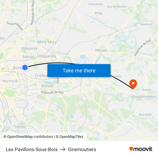 Les Pavillons-Sous-Bois to Giremoutiers map