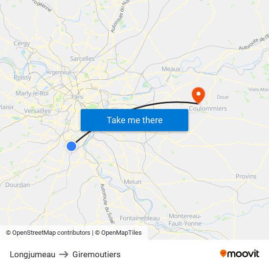 Longjumeau to Giremoutiers map