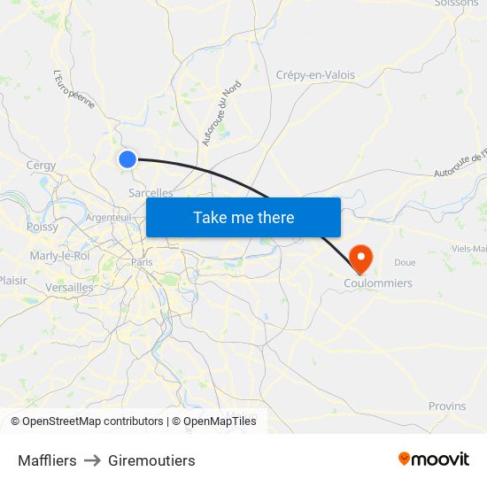 Maffliers to Giremoutiers map