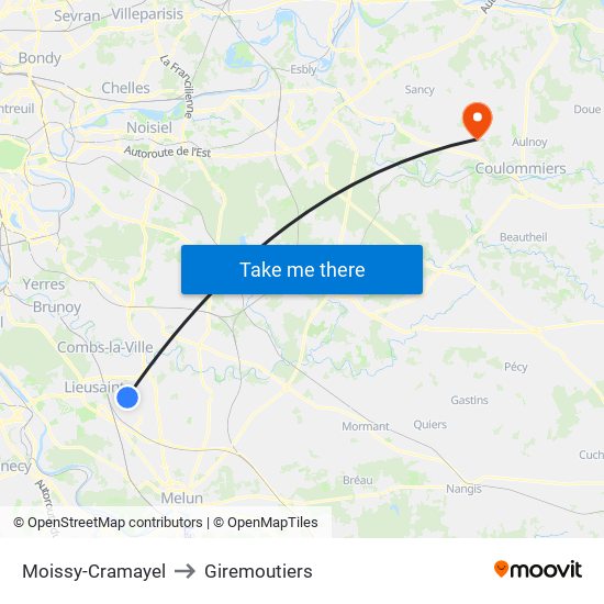Moissy-Cramayel to Giremoutiers map