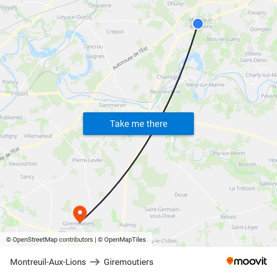 Montreuil-Aux-Lions to Giremoutiers map