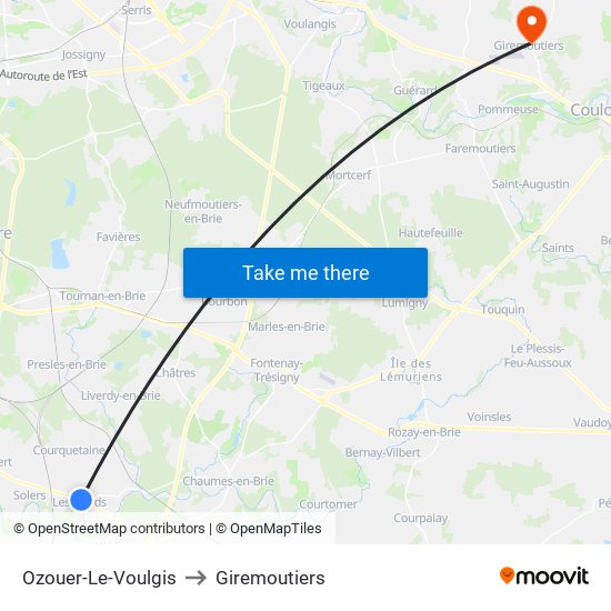 Ozouer-Le-Voulgis to Giremoutiers map