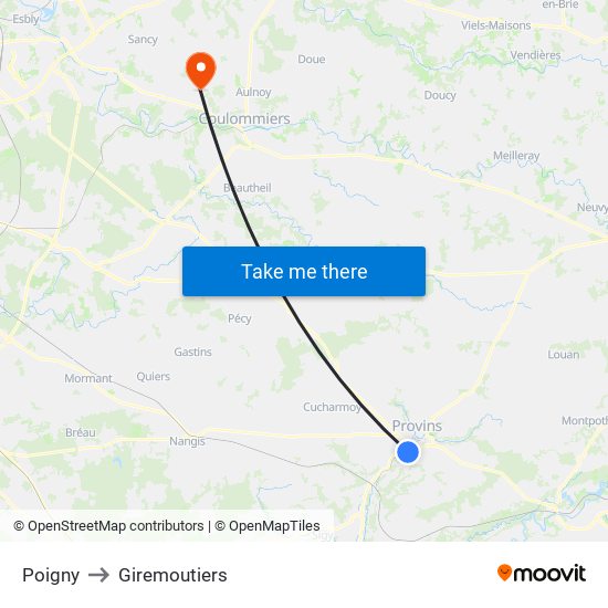 Poigny to Giremoutiers map