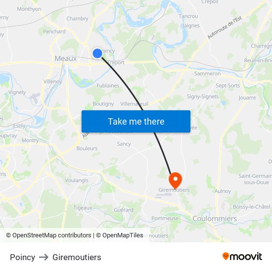 Poincy to Giremoutiers map