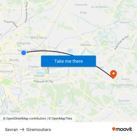 Sevran to Giremoutiers map