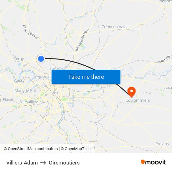 Villiers-Adam to Giremoutiers map