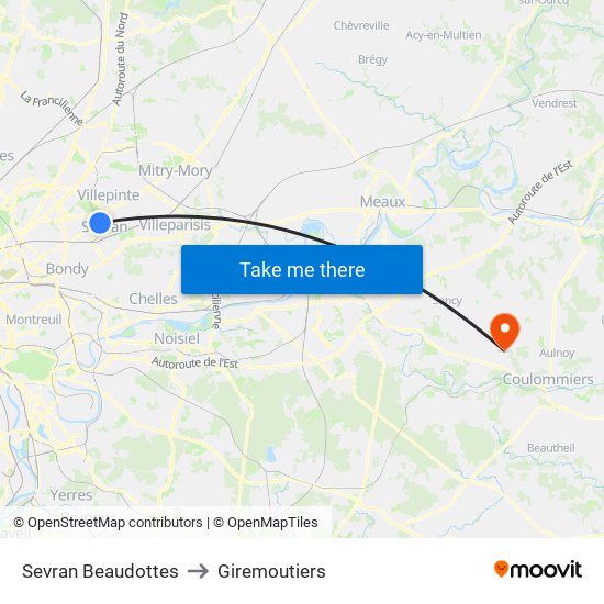 Sevran Beaudottes to Giremoutiers map