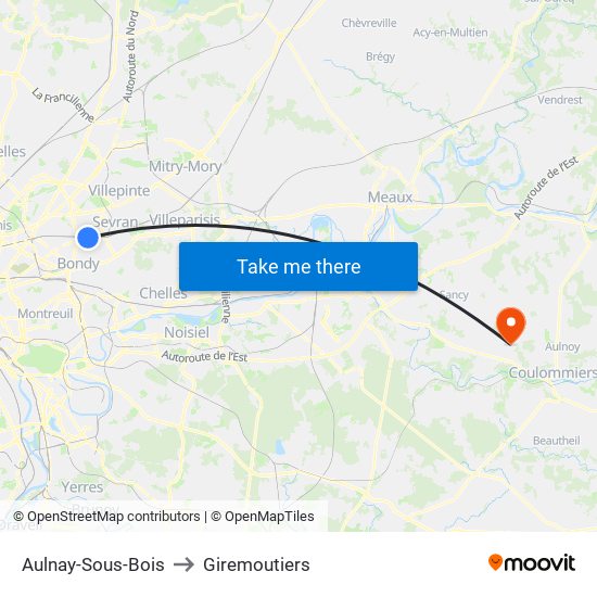 Aulnay-Sous-Bois to Giremoutiers map