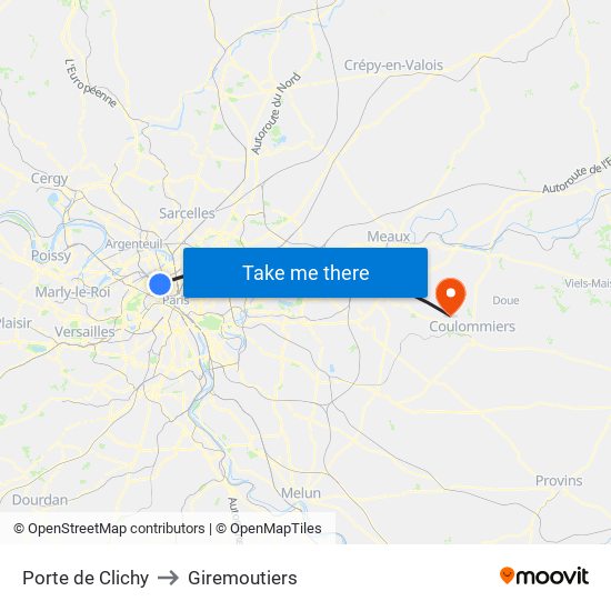 Porte de Clichy to Giremoutiers map