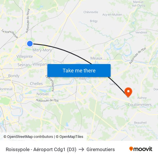Roissypole - Aéroport Cdg1 (D3) to Giremoutiers map