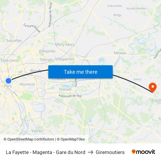 La Fayette - Magenta - Gare du Nord to Giremoutiers map