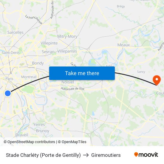Stade Charléty (Porte de Gentilly) to Giremoutiers map