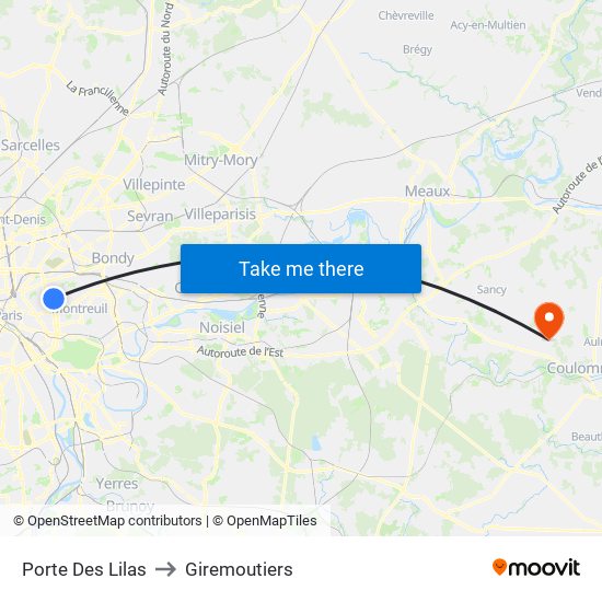 Porte Des Lilas to Giremoutiers map