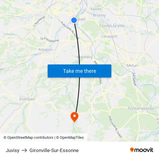 Juvisy to Gironville-Sur-Essonne map