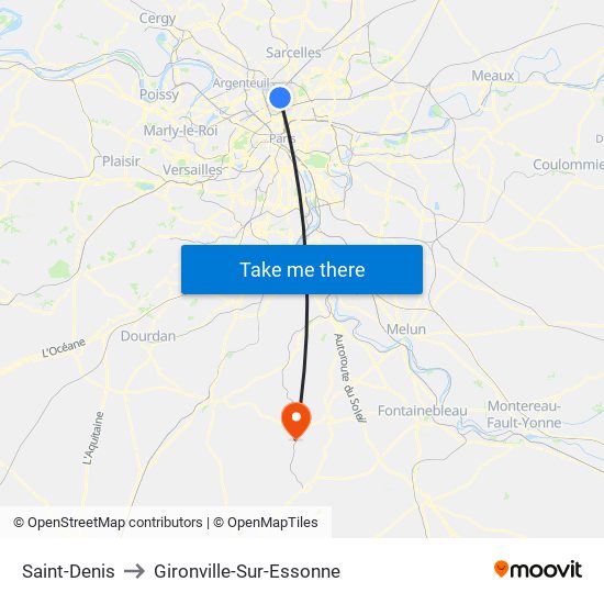 Saint-Denis to Gironville-Sur-Essonne map