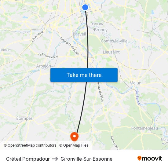 Créteil Pompadour to Gironville-Sur-Essonne map