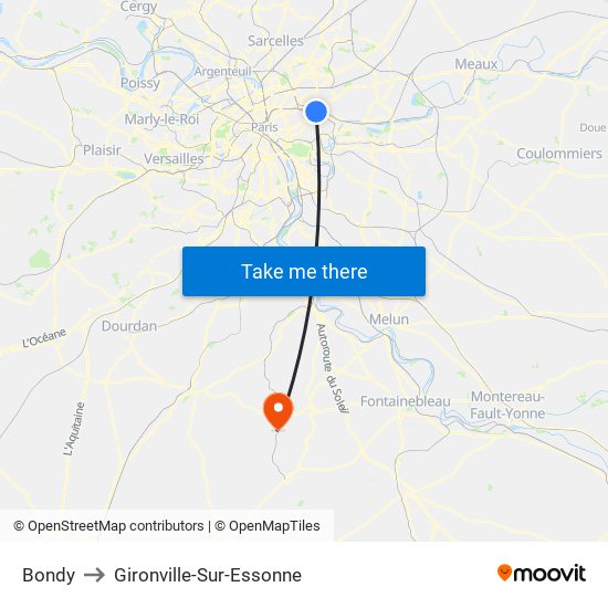 Bondy to Gironville-Sur-Essonne map