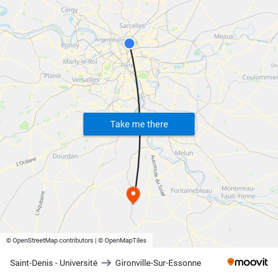 Saint-Denis - Université to Gironville-Sur-Essonne map