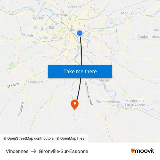 Vincennes to Gironville-Sur-Essonne map