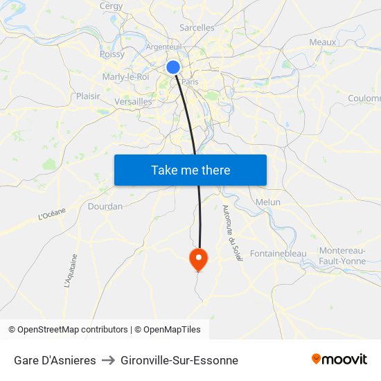 Gare D'Asnieres to Gironville-Sur-Essonne map