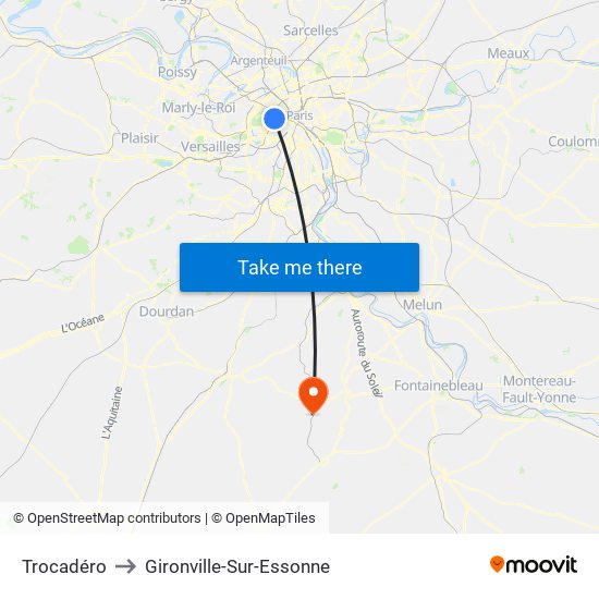 Trocadéro to Gironville-Sur-Essonne map