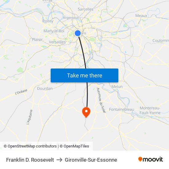 Franklin D. Roosevelt to Gironville-Sur-Essonne map