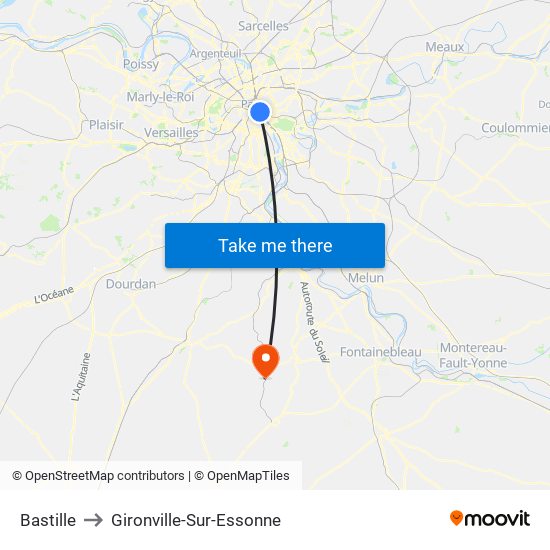 Bastille to Gironville-Sur-Essonne map